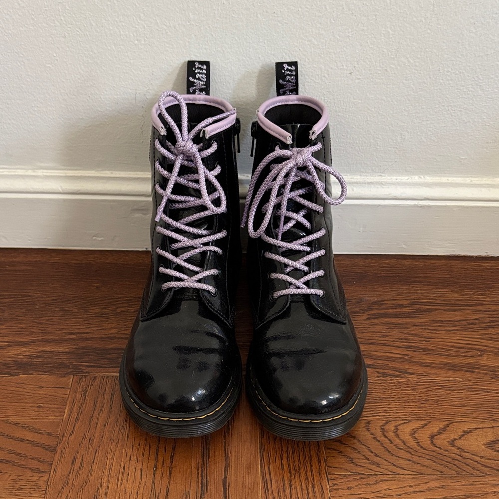 Dr. Martens Black Patent Boots with Lavender Laces